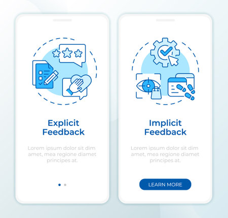 User feedback types blue onboarding mobile app screen. Walkthrough 2 steps editable graphic instructions with linear concepts. UI, UX, GUI template. Montserrat SemiBold, Regular fonts usedのイラスト素材