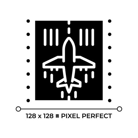 Airplane on runway black glyph icon. Represents takeoff, landing and airport operations. Aviation and air travel. Silhouette symbol on white space. Solid pictogram. Vector isolated illustrationのイラスト素材