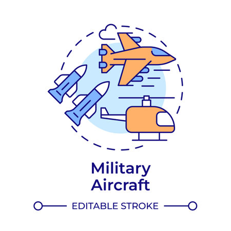 Military aircraft multi color concept icon. Army helicopter, aviation services. Round shape line illustration. Abstract idea. Graphic design. Easy to use in infographic, presentationのイラスト素材