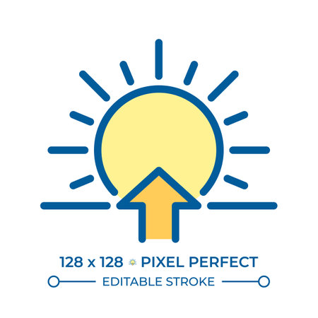 Sunrise RGB color icon. Sun and upward arrow symbol. Morning time. Dawn concept. Transition from night to day. Isolated vector illustration. Simple filled line drawing. Editable strokeのイラスト素材
