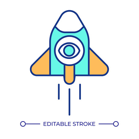 Launching rocket with magnifying glass RGB color icon. Fast efficient retrieval. Easy access to digital data service. Isolated vector illustration. Simple filled line drawing. Editable strokeのイラスト素材