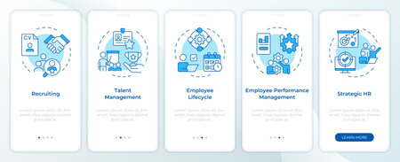 HR process blue onboarding mobile app screen. Management. Walkthrough 5 steps editable graphic instructions with linear concepts. UI, UX, GUI template. Montserrat SemiBold, Regular fonts usedのイラスト素材