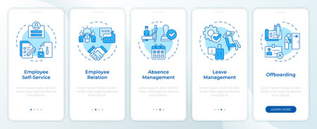 Operational HR blue onboarding mobile app screen. Human resource. Walkthrough 5 steps editable graphic instructions with linear concepts. UI, UX, GUI template. Montserrat SemiBold, Regular fonts usedのイラスト素材