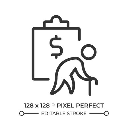Retirement plan pixel perfect linear icon. Financial wellbeing, economics. Pension fund, budget. Senior, elder. Thin line illustration. Contour symbol. Vector outline drawing. Editable strokeのイラスト素材