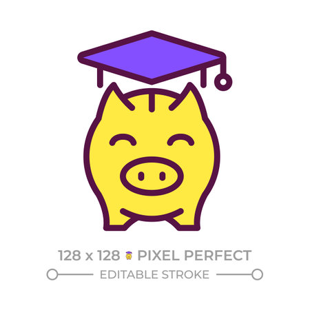 College fund pixel perfect RGB color icon. Student loan, mortgage. Financial management, economics. Savings budget. Isolated vector illustration. Simple filled line drawing. Editable strokeのイラスト素材
