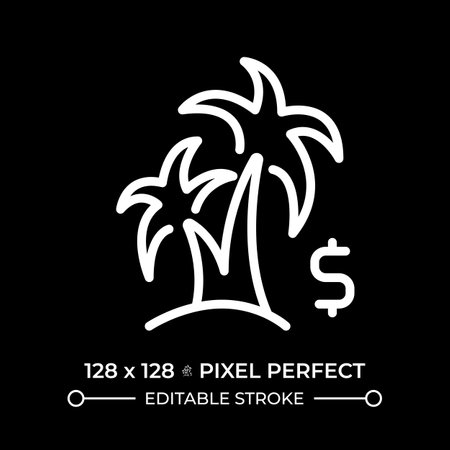 Vacation funding pixel perfect white linear icon for dark theme. Paid travel, trip journey. Budget...