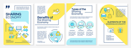 Sharing economy blue and yellow brochure template. Production and consumption goods. Collaboration....