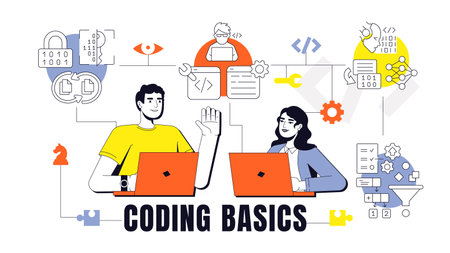 Coding basics concept illustration. Software development, programming. Artificial intelligence, open source. Text banner with flat vector characters, colorful line icons. Visual communicationのイラスト素材