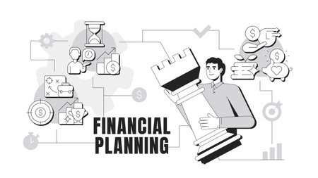Financial planning banner conceptual illustration. Budget organization, investment. Income, expenses. Statistical metrics. Abstract idea with stylized character, outline icons. Monochrome vectorのイラスト素材
