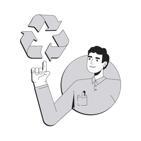 Waste management line conceptual illustration. Pollution reduction, environmental sustainability. Businessman pointing to recycling symbol 2D outline character isolated. Linear drawing grayscale vectorのイラスト素材