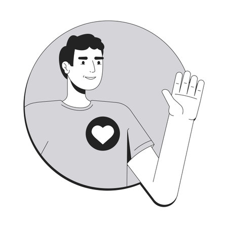 Volunteer line conceptual illustration. social worker. Community service, charity. Smiling man waving with heart symbol on tshirt 2D outline character isolated. Linear drawing grayscale vectorのイラスト素材