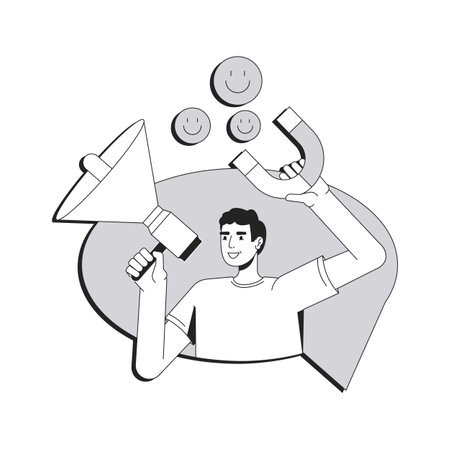Leads generation line conceptual illustration. Customer experience. Businessman using megaphone and magnet to attract happy customers 2D outline character isolated. Linear drawing grayscale vectorのイラスト素材