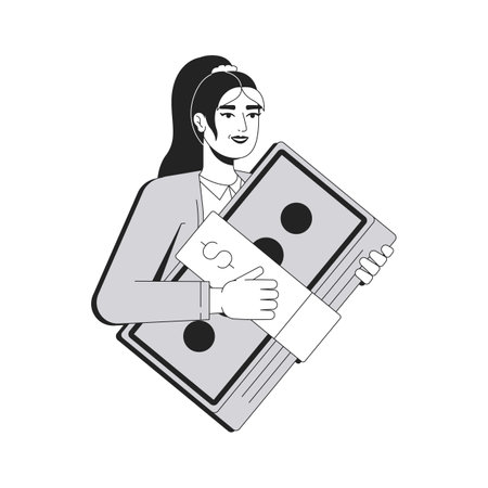 Money preservation line conceptual illustration. Budget management. Woman holding cash. Income, expenses. Confident businesswoman 2D outline character isolated. Linear drawing grayscale vectorのイラスト素材