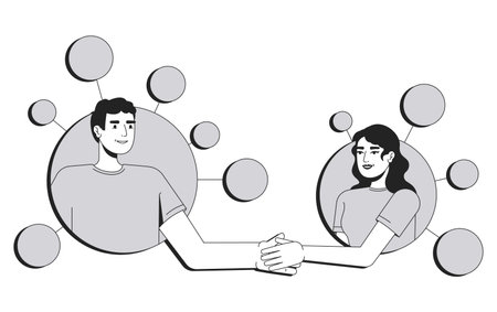 Coworkers line conceptual illustration. Communication, relationships. Couple, together. Man and woman shaking hands in network nodes 2D outline characters isolated. Linear drawing grayscale vectorのイラスト素材