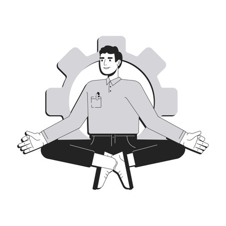 Personal wellbeing line conceptual illustration. Worker efficiency, productivity. Businessman meditating in relaxed pose against gear 2D outline character isolated. Linear drawing grayscale vectorのイラスト素材