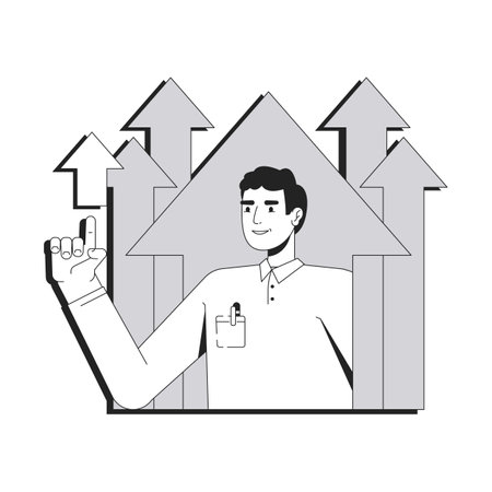 Personal growth line conceptual illustration. Worker efficiency increase, employee. Businessman pointing up with upward arrows 2D outline character isolated. Linear drawing grayscale vectorのイラスト素材