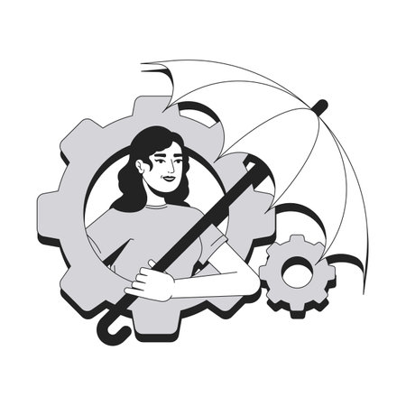 Risk management line conceptual illustration. Crisis assessment, control. Business compliance. Businesswoman holding umbrella inside gear 2D outline character isolated. Linear drawing grayscale vectorのイラスト素材