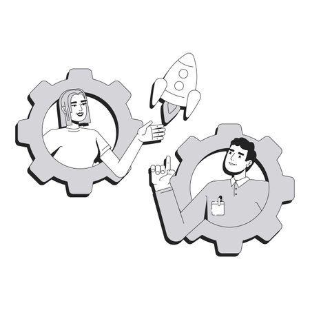 Launching startup line conceptual illustration. Teamwork organization. Cooperation, partnership. Colleagues in gears launch rocket 2D outline characters isolated. Linear drawing grayscale vectorのイラスト素材