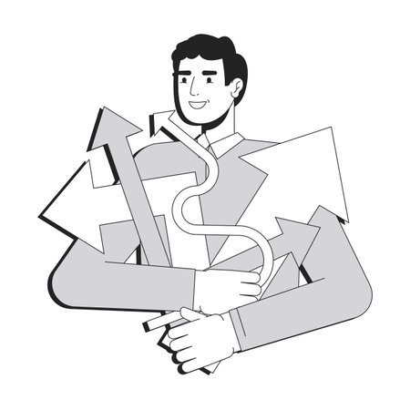 Career opportunities line conceptual illustration. Personal growth, development. Businessman managing complex decisions 2D outline character isolated. Linear drawing grayscale vectorのイラスト素材
