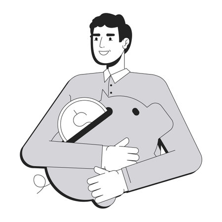 Personal money line conceptual illustration. Budget management, savings. Financial control. Businessman piggybank with coin 2D outline character isolated. Linear drawing grayscale vectorのイラスト素材