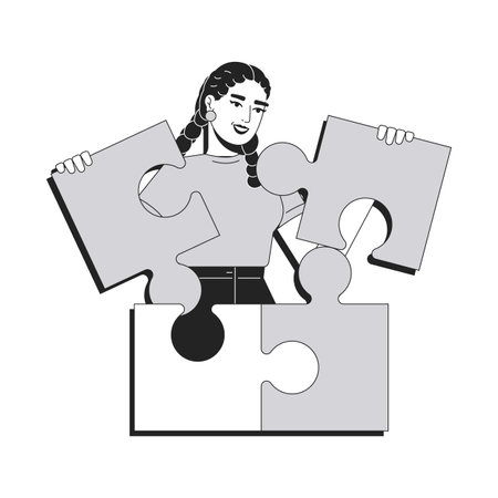 Problem solving line conceptual illustration. Workflow organization, management. Part connection. Woman holding puzzle pieces 2D outline character isolated. Linear drawing grayscale vectorのイラスト素材