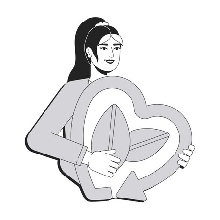 Eco activist line conceptual illustration. Ecology preservation, ecofriendly. Woman holding heart recycling symbol with leaves 2D outline character isolated. Linear drawing grayscale vectorのイラスト素材