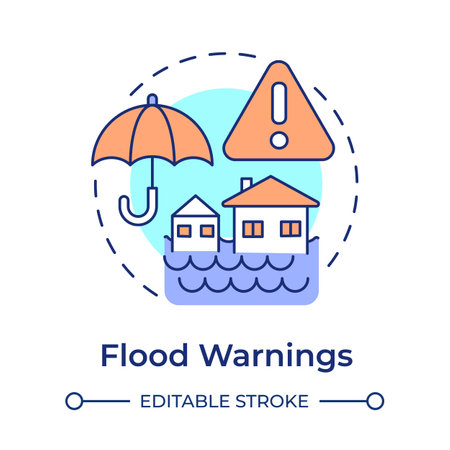 Flood warning multi color concept icon. Rising water levels risk prevention. Safety and emergency alert. Round shape line illustration. Abstract idea. Graphic design. Easy to use in applicationのイラスト素材