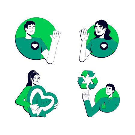 Ecology preservation vector illustration concept set. Waste management. Recycling, reuse. Reprocessing, sustainability. Stylized cartoon characters isolated on white. Flat 2D line art packのイラスト素材