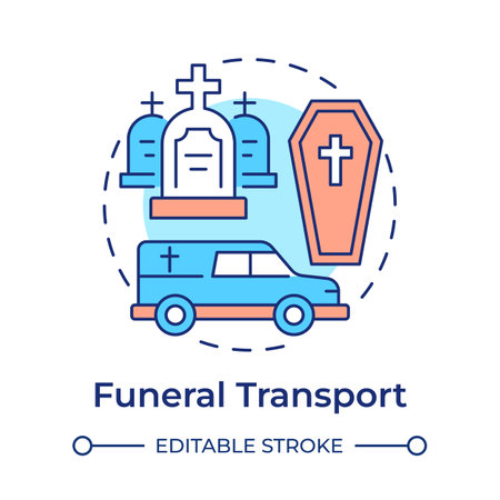 Funeral transports multi color concept icon. Delivery individuals to burial place. Medical vehicle service. Round shape line illustration. Abstract idea. Graphic design. Easy to use in presentationのイラスト素材