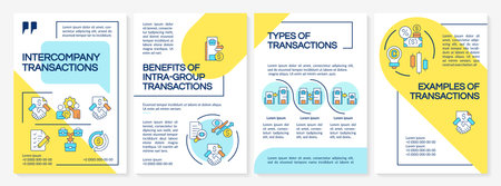 Intercompany transactions blue and yellow brochure template. Financial activities of business. Leaflet design with linear icons. Editable 4 vector layouts. Questrial, Lato-Regular fonts usedのイラスト素材