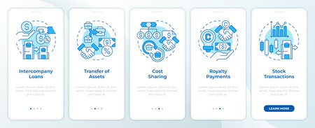 Intercompany transactions blue onboarding mobile app screen. Walkthrough 5 steps editable graphic instructions with linear concepts. UI, UX, GUI template. Montserrat SemiBold, Regular fonts usedのイラスト素材