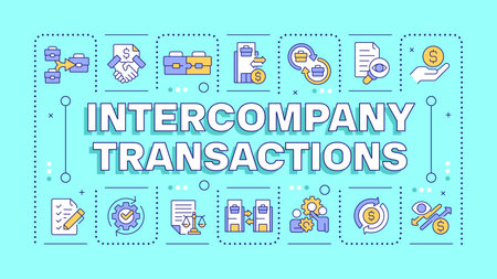 Intercompany transactions turquoise word concept. Business relations between companies. Typography banner. Vector illustration with title text, editable icons color. Hubot Sans font usedのイラスト素材