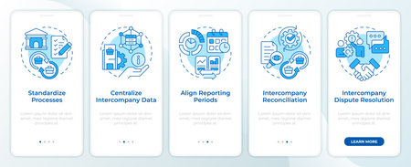 Intercompany accounting blue onboarding mobile app screen. Walkthrough 5 steps editable graphic instructions with linear concepts. UI, UX, GUI template. Montserrat SemiBold, Regular fonts usedのイラスト素材