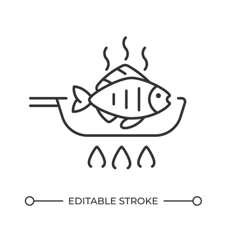Roasting fish line icon. Cooking seafood on frying pan. Healthy homemade dinner preparation. Food ingredient. Isolated vector illustration. Outline symbol. Simple linear drawing. Editable strokeのイラスト素材