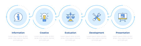 Value engineering steps infographic 5 steps. Teamwork organization, brainstorm. Customer experience. Flow chart infochart. Editable vector info graphics icons. Montserrat-SemiBold, Regular fonts usedのイラスト素材