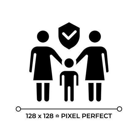 Right to marriage and family pixel perfect glyph solid icon. Lesbian partners with child. LGBT community support. Equality. Black silhouette symbol on negative space. Vector isolated illustrationのイラスト素材