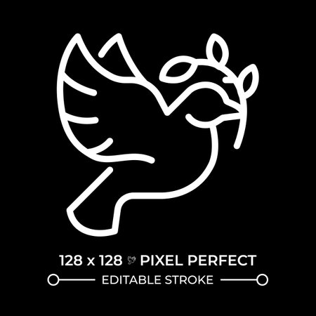 Right to social order pixel perfect white line icon in negative space. Fair free world. Peace dove holding olive branch. No wars. Monochrome linear symbol on black background. Editable strokeのイラスト素材