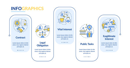 Legal bases rectangle infographic vector. Processing personal information. Online security. Data visualization with 5 steps. Editable rectangular options chart. Lato-Bold, Regular fonts usedのイラスト素材