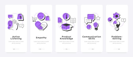 Consultant skills mobile app onboarding screens. Customer service. Communication, knowledge, problem solving. Flat UI UX design, purple highlight with outline icons conceptual. Lexend font usedのイラスト素材