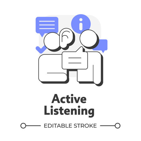 Active listening flat outline concept icon. Good listener. Pay attention. Selling skill. Sales professional. Deal closing. Modern line illustration with purple glyphs. Conceptual visual. Easy to editのイラスト素材