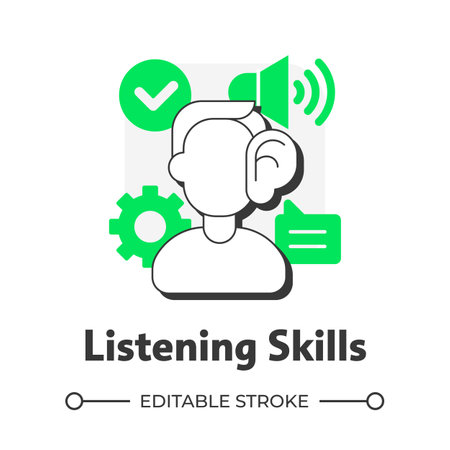Listening skills flat outline concept icon. Language learning competence. Accurately receiving, interpretation messages. Modern line illustration with green glyphs. Conceptual visual. Easy to editのイラスト素材