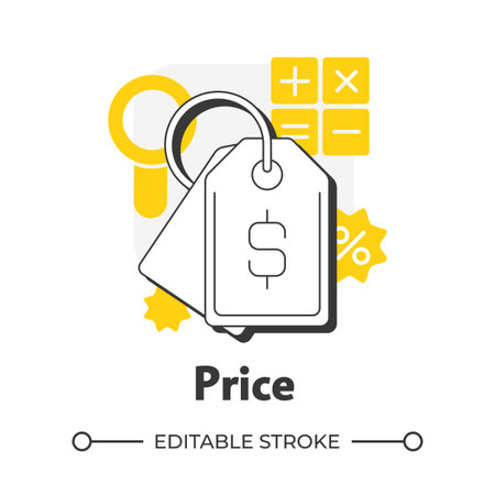 Price flat outline concept icon. Determine reasonable cost. Finances and expenses. Four P marketing strategy. Modern line illustration with yellow glyphs. Conceptual visual. Easy to editのイラスト素材