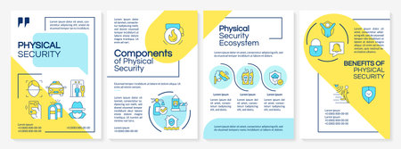 Physical security blue and yellow brochure layout. Safeguarding people, property and data tools....