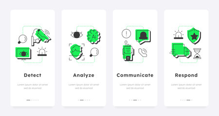 Physical security ecosystem mobile app onboarding screens. Protection of digital network. Antimalware. Flat UI UX design, green highlight with outline icons conceptual. Lexend font usedのイラスト素材