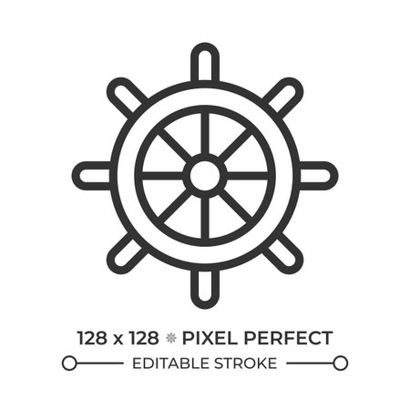 Helm pixel perfect line icon. Ship steering wheel. Vintage vessel equipment. Level for boat controlling. Isolated vector illustration. Outline symbol. Simple linear drawing. Editable strokeのイラスト素材