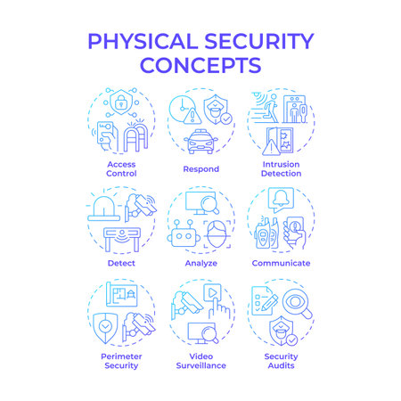 Physical security blue gradient concept icons. Safety providing strategy. Protecting people and assets. Icon pack. Vector images. Round shape illustrations for presentation. Abstract ideaのイラスト素材