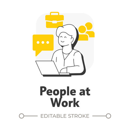 People at work flat outline concept icon. Communication, teamwork. Workflow organization, collaboration. Corporate culture. Modern line illustration with yellow glyphs. Conceptual visual. Easy to editのイラスト素材