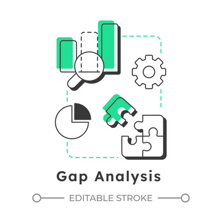 Gap analysis modern linear concept icon. Comparing current and future states to highlight discrepancies. Flat outline elements connected with dotted lines. Creative visual. Easy to editのイラスト素材