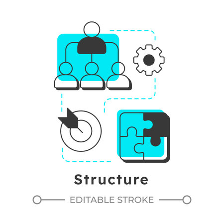 Structure modern linear concept icon. Roles, responsibilities in team. Nadler Tushman congruence framework. Flat outline elements connected with dotted lines. Creative visual. Easy to editのイラスト素材
