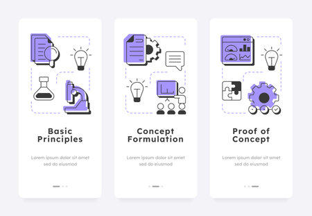 Technology readiness levels mobile app onboarding screens. Research stage of innovation. Organization management. Flat UI UX design, purple highlight with outline icons conceptual. Lexend font usedのイラスト素材
